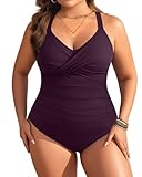 Plus Size One Piece Swimsuit - Women's Tummy Control Bathing Suit Retro Full Coverage Swimwear 2025 Purple 16W