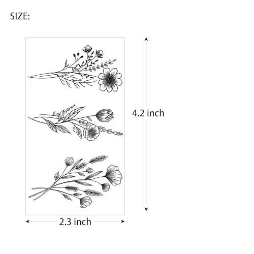 Small Flower Temporary Tattoos for Women Girl 30 Sheets Black Realistic Fake Tattoo Waterproof 100+pcs
