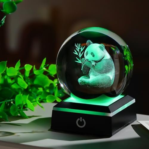 Image of 3D Panda Crystal Ball with Color-Changing LED Base - Laser Engraved Panda Gift for Women Men Kids, Decorative Night Light Paperweight for Desk /Bedroom - 3.15inch