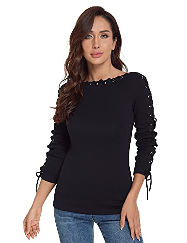 AmélieBoutik Women Boatneck Lace Up Trim Long Sleeve Blouse2