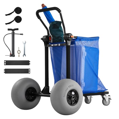 VEVOR Beach Cart with Large Wheels for Sand 165 lbs Load Capacity Heavy Duty Folding Beach Wagon with 12 Balloon Wheels Storage Bag 180 Adjustable Handlebar Dolly for Camping Fishing Garden