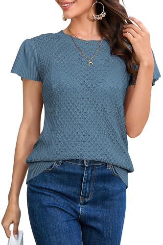 Cakulo Summer Crochet Tops for Women Ruffle Cap Short Sleeve Crew Neck Knit Hollow Out Casual Spring Sweater Top