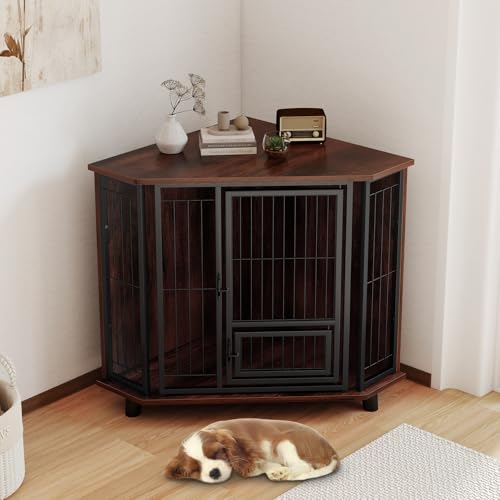 COSTWAY Eck Hundekäfig Möbel, Hundehütte mit abschließbarer Tür & 3 Holzbeinen, Hundebox aus Holz und Metall, für kleine mittelgroße Hunde, Indoor, Braun, 60 x 60 x 71,5 cm