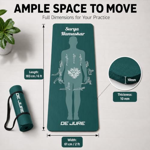 Image of De Jure Fitness Yoga Mat for Women and Men, 10mm Extra Thick Non-Slip NBR Exercise Mat for Yoga, Pilates, Gym & Floor Workouts - with Carry Strap