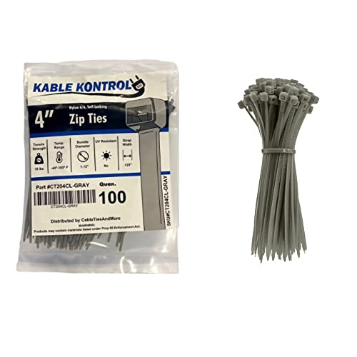 Kable Kontrol Gray Zip Ties 4 Inch 100 Pcs, 18 Lbs Tensile Strength, Self-Locking Nylon Colored Cable Ties Wire Wraps For Indoor Or Outdoor Use #TOP12
