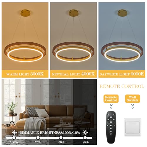 Image of LED Ring Chandelier Dimmable Gold Walnut Wood Chandeliers
