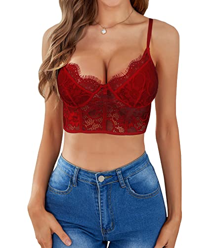 Lilosy Sexy Wirefree Lingerie Floral Lace Crop Cami Tank Top Women Sheer Longline Bralette Night Out Party Bra Burgundy Medium #TOP28