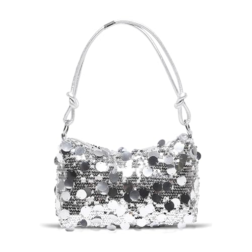 AndThere Sequin Clutch Bag Silver Evening Handbag Women's Clutches Small Shoulder Bag Y2K Handbags with Zipper Underarm Bag Bling Armpit Bags Sparkly Clutch Purse for Wedding Party Travel
