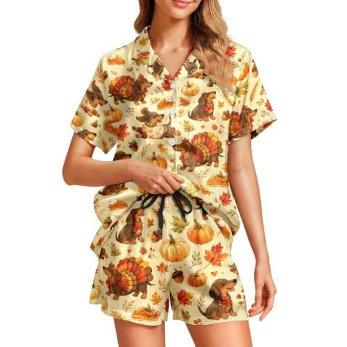 Image of Funny Pajamas for Women Set Print Satin Loungewear Pjs Short Sleeve Button Down Top and Shorts Sets Sleepwear XS-3XL