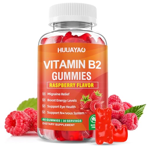 HUUAYAO Vitamin B2 Gummies Riboflavin Supplement with Magnesium for Kids & Adults B2 Gummies for Migraine Relief & Nervous System Support Vegan Sugar-Free Raspberry Flavor 60 Count