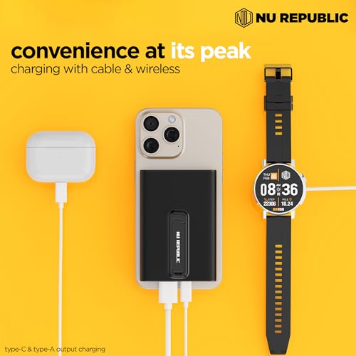 Image of Nu Republic Powerpop X2 10000mAh Wireless Power Bank with Kickstand, 15W Qi Wireless + 22.5W Wired, 3 Outputs, Type-C, USB-A, LED Indicator, Quick Charge, iPhone Compatible (Black)