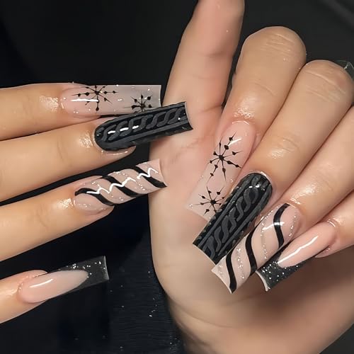 Christmas Press On Nails Medium Square Black French Tips Nails wi...