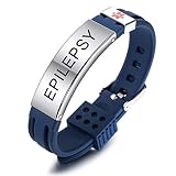 MOWOM Medical Custom Gravé Silicone Réglable Sport Nom ID Identification Alerte Bracelet Médical pour Hommes Femmes Enfants en Acier Inoxydable Caoutchouc- (Bleu Epilepsy)