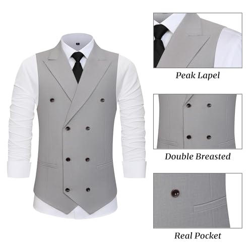 Men’s Suits Vest Peaked Laped Double Breasted Men Vest Pants Set Light Grey Men's 2 Pieces Set Slim Fit Wedding Groomsmen Suit XXL 5