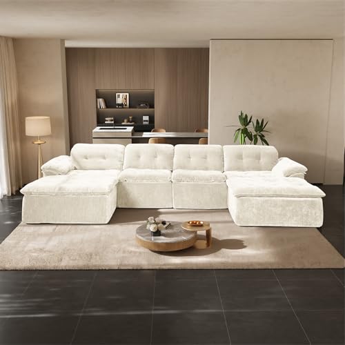 Image of 157 inch Oversized U Shaped Sectional Cloud Couch, Large Modern Cloud Sectional Couch with Ottoman, Chenille 6 Seat Sofa Set, Modular Sectional Sofa for Living Room, No Assembly Required, Beige
