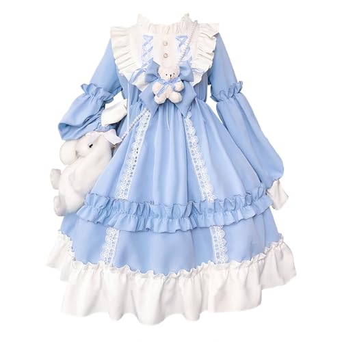 Girl's Sweet Bear Bow Lolita Dress Cute Lace Ruffle Long Sleeve Chiffon Princess Dress Anime Party Fairytale Style Dresses