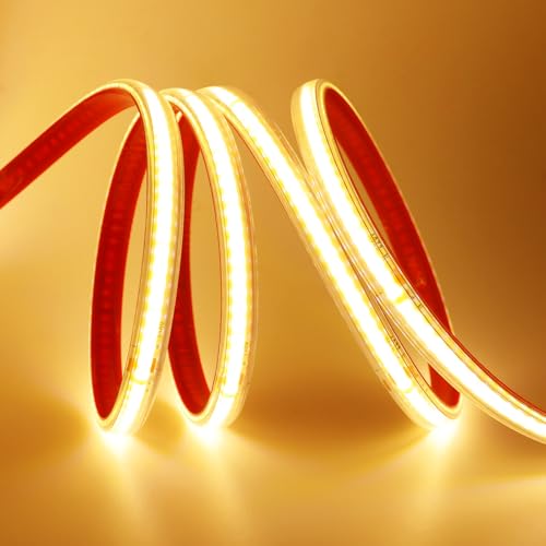 HEGEHE 220V COB Bande LED Autocollant, Découpe Tous les 10cm, Etanche Bande Lumineuse Super Lumineux 288 LEDS/M Flexible Bande lumière (Blanc chaud, 5M)