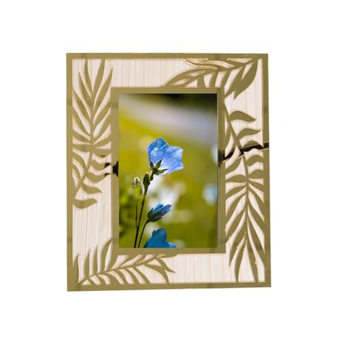 Image of Rectangle Photo Frame | Wooden Decorative Picture Frame with Leaf Laser Cut Border & Clear Acrylic Front | Wall & Tabletop Display | Premium Home Decor & Gift