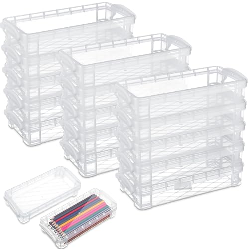 Image of Gueevin 12 Pcs Large Capacity Plastic Pencil Box Clear Plastic Pencil Case Crayon Box with Snap Tight Lid Watercolor Pen Storage Brush Organizer Drawing Tools Container (White)