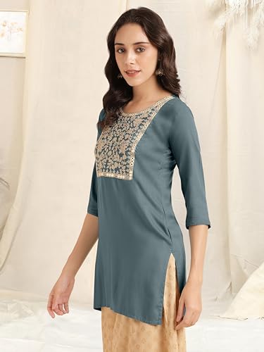 Image of MIRCHI FASHION Women's Straight Fit Rayon Sequins Embroidered and Polka Dots Printed Kurti Only