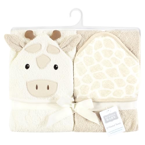 Image of Hudson Baby Unisex Baby Cotton Poly Animal Face Hooded Towel, Beige Giraffe, One Size