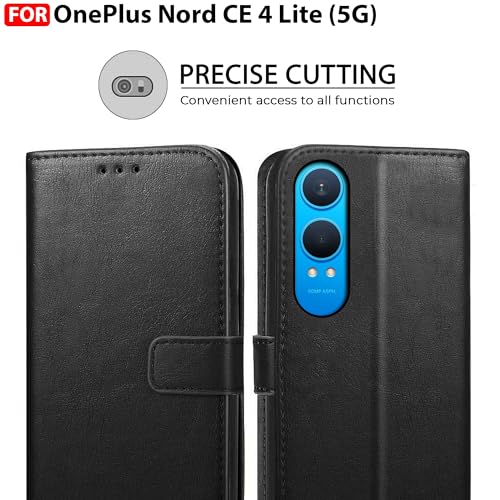 Image of CEDO Flip Cover for OnePlus Nord CE 4 Lite / CE4 Lite (5G) | Leather Finish | Inside Pockets & Inbuilt Stand | Shockproof Wallet Style Magnetic Closure Back Case Flipcover (Black)