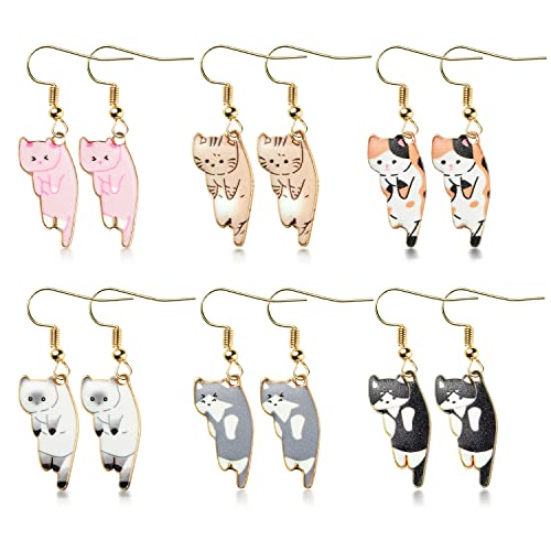 6Pairs Dangling Cat Earrings Kawaii Aesthetic Funny Cartoon Kitten Alloy Drop Dangle Earrings with Hypoallergenic French Hook Animals Lover Birthday Gifts Party Favors for Kids Girls Women