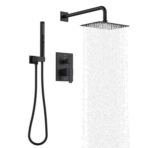 Image of KENES Matte Black Square Rainfall Shower System Faucet Set with Handheld