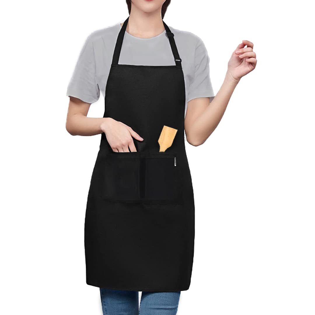 LEFUNDA® Delantal de Cocina Impermeable con 3 Bolsillos Ajustable, Delantal de Barbacoa con Correas Largas, Delantal de Cocina para Hombres y Mujeres, Cocinar, Restaurante, Café, Hornear (Negro)