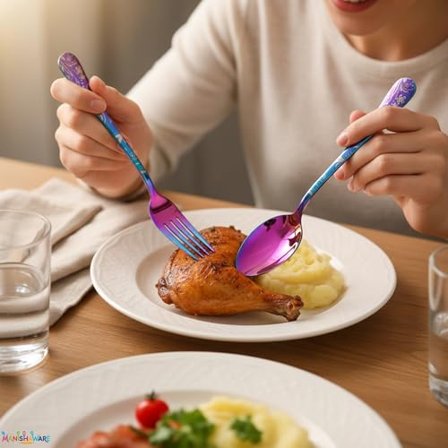 Image of Floral Rainbow 5 Pcs Stainless Steel Cutlery Set for Dining Table, Dishwasher Safe Glossy Flatware (1 Spoon Set+1 Forks Set+1 Butter Knife+1 Dessert Spoon+ 1 FruitFork)