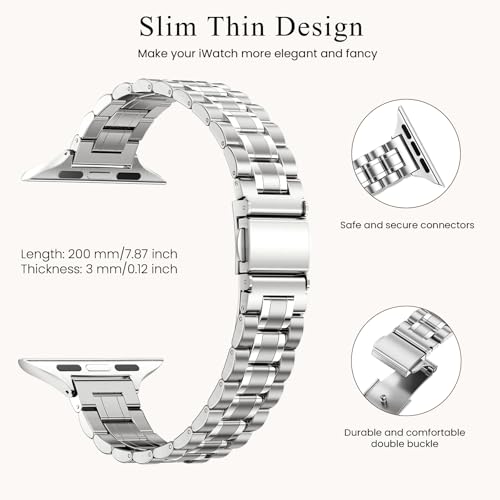 Image of STIROLL Thin Replacement Band Compatible for Apple Watch 38mm 40mm 41mm 42mm(Series 11 10), Stainless Steel Metal Wristband Women Men for iWatch Ultra SE Series 9 8 7 6 5 4 3 2 1, Silver