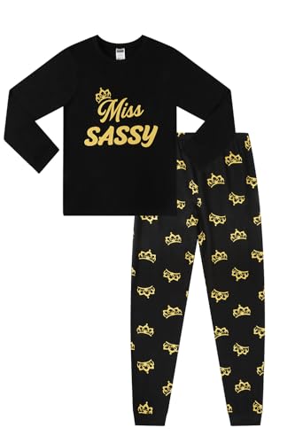 ThePyjamaFactory Girls Miss Sassy Gold Long Cotton Pyjamas PJs For Kids (9-10 Years)