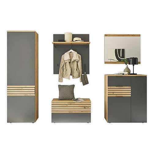 5tlg. Garderobe MILAN Diele in Artisan Eiche Nb. / grau ca. 250 x 200 x 38 cm