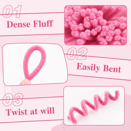Image of YUNAMI 100 Pcs Pink Pipe Cleaners for DIY Craft Flowers - Fuzzy Chenille Stems & Fluffy Sticks for Arts & Crafts, Creative School Projects, Kids Craft Supplies, Home & Party Decor (Rose Pink, 100)
