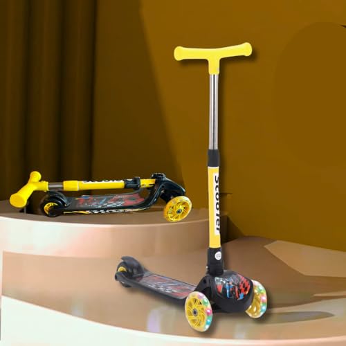 Image of ToyMagic Swift & Stride Scooter 3 Wheeler with Led Wheels Non Electronic Motion Activation Smart Kick Foldable Toy Height Adjustable Handle Birthday Gift for 3+ Made in India, Yellow, Kid