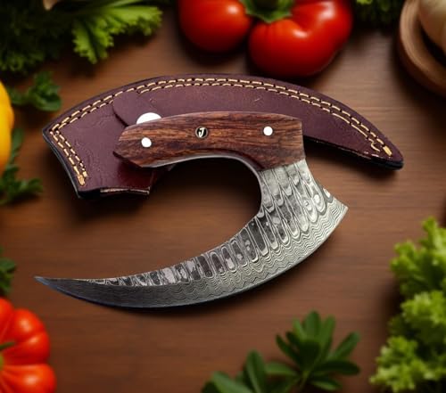 Jayger Handmade Alaskan Ulu Chef Knife with Leather Sheath | Damascus Steel Blade | Wood Handle | Sharp Curved Blade | Ergonomic Wood Handle | Perfect for Chopping, Slicing & Outdoor Use - Image 2