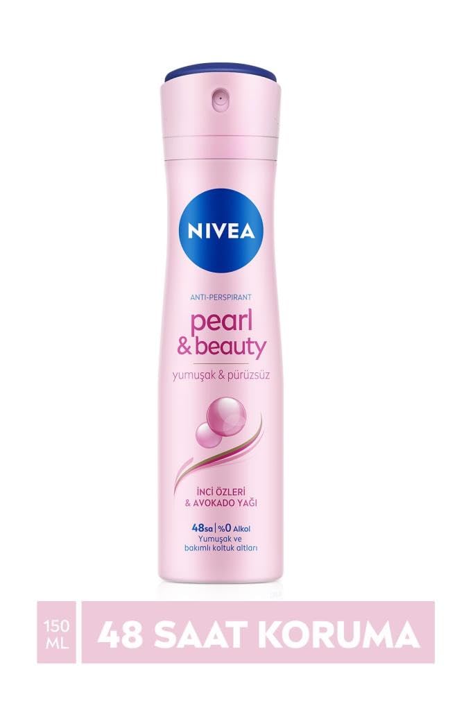 NIVEA Kadın Sprey Deodorant Pearl&Beauty, Ter ve Ter Kokusuna Karşı 48 Saat Anti-perspirant Koruma 150ml x 2 Adet, Pürüzsüz Koltuk Altı, Avantajlı Paket