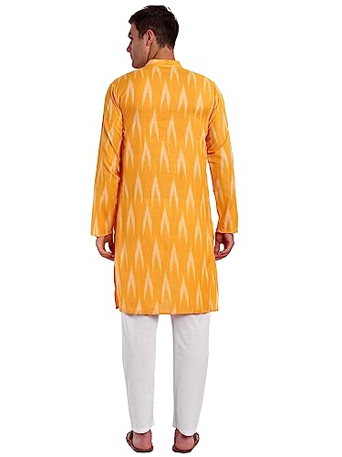 Image of SKAVIJ Men's Pure Cotton Printed Kurta Pajama Set Ikat Design Casual Ethnic Dress (KP118gold Gold L)