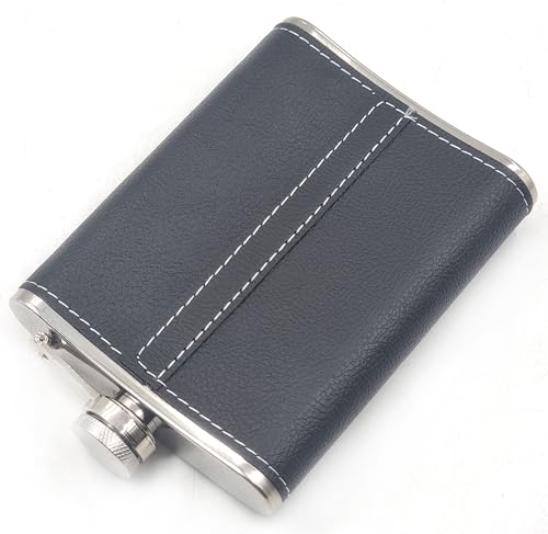 Image of JWL Black Stainless Steel Hip Flask with Funnel 8 Oz (236 ml) I Stitched PU Leather Cladding Whiskey Liquor Flask I Unisex Alcoholic Drinks Holder Pocket Bottle (JW Leather Black+Funnel)