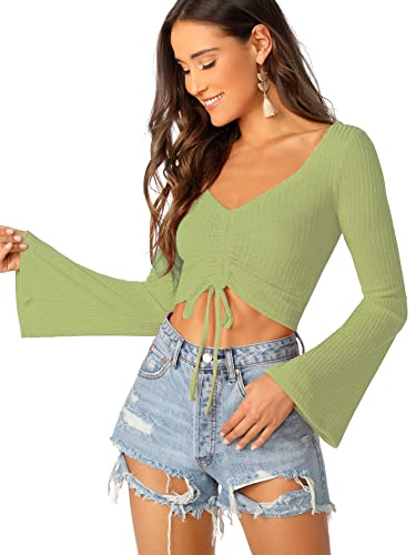 Image of SweatyRocks Women's Adjustable Drawstring String Long Bell Sleeve Rib Knit Sexy Crop Top Light Green M