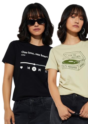 Image of Max Women's Cotton Regular Fit URB N Graphic Printed T-Shirt - Pack of 2