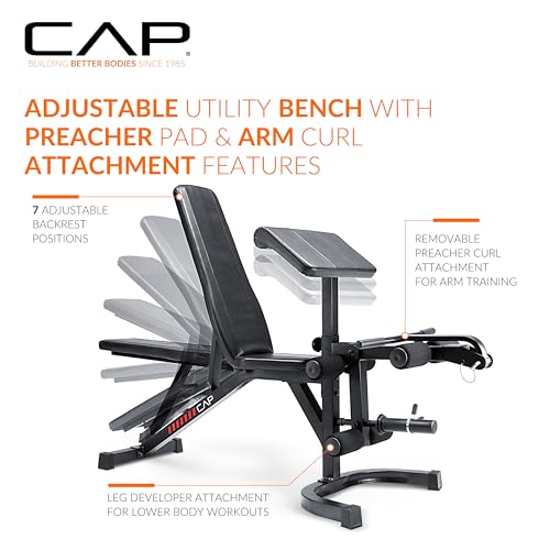 Image of CAP Adjustable Utility Weight Bench with Preacher Pad, Arm Curl Attachment, and Leg Developer for Full Body Strength Training
