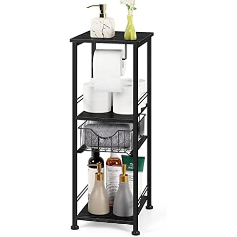 UOMIO Bathroom Shelf Floor Standing Narrow Vertical Storage Racks for Living Room Bathroom Accessories Cabinet Roll Paper and Towel Organiser 71.5cm High - Black Wooden Board Cover