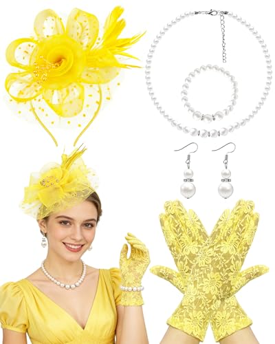 Bnsikun Fascinator Hat for Women Tea Party Headband Tea Party Headpiece and Lace Glove Set for Women 1920s Party (Yellow Fascinator Hat)