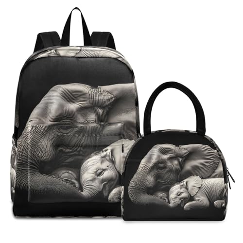 Elephant Family Print Backpack Set with Lunch Bag, Large Capacity Travel Backpacks and Lunch Box Insulated for Commute Hiking Picnic