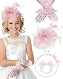 Girls Tea Party Fascinators Hats Lace Gloves Pearl Necklace Set for Wedding 1920s Tea Party Accessories (Blush Pink)