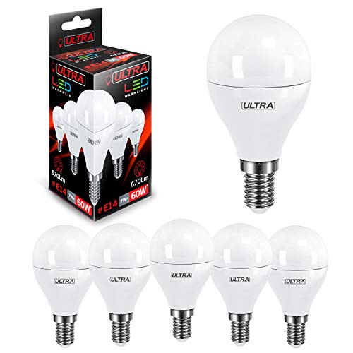 Ultra LED E14 warmweiss, 3000k, G45 7w LED 230v, LED Lampe ersetzt 60w, Abstrahlwinkel des LED Leuchtmittels 360 Grad, LED Birne 670 Lumen, 6er-Pack… Cover