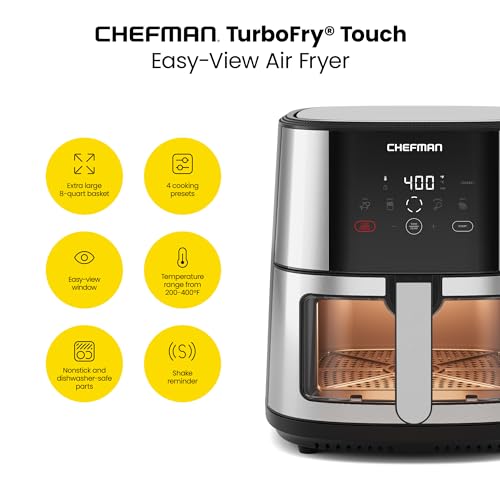 CHEFMAN Easy-View Air Fryer – 8 Qt Family Size with Viewing Window, One-Touch Digital Control with 4 Presets, Nonstick & Dishwasher Safe, Broil, Roast, Dehydrate, Bake, Auto-Shutoff, Stainless Steel
