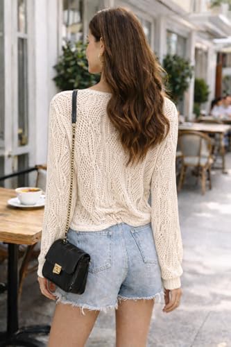 Image of CRAMPLE Women's V-Neck Knit Top, Long Sleeve, Drawstring Ruched Front, Lightweight Open Knit Top