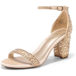 DREAM PAIRS Women's Chunk Low Heel Pump Sandals 5 Gold/Rhinestone